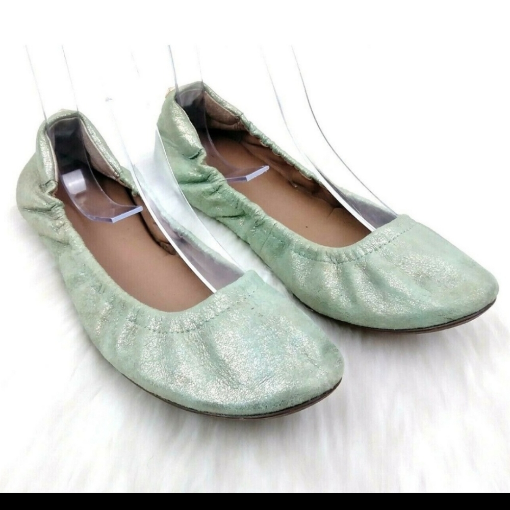 Elorie Mint Green Metallic Leather Ballet Flats